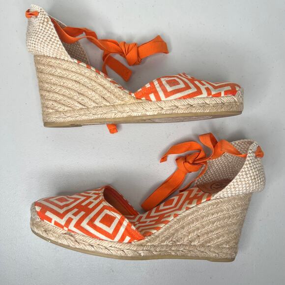 Tory Burch Orange Geometric Lace Up Espadrille Wedge Size 9 - Picture 6 of 11